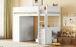 Enfant Fortuna lai Lit Haut 90x200cm, Lit pour Enfant avec Bureau, Armoire, Blanc