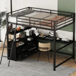 Enfant Fortuna lai Lit Haut 140x200cm, Métal, Bureau, Rangement, Échelle, Sans Matelas, Noir