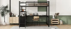 Enfant Fortuna lai Lit Haut 140x200cm, Métal, Bureau, Rangement, Échelle, Sans Matelas, Noir