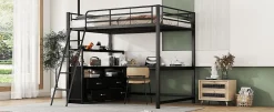 Enfant Fortuna lai Lit Haut 140x200cm, Métal, Bureau, Rangement, Échelle, Sans Matelas, Noir