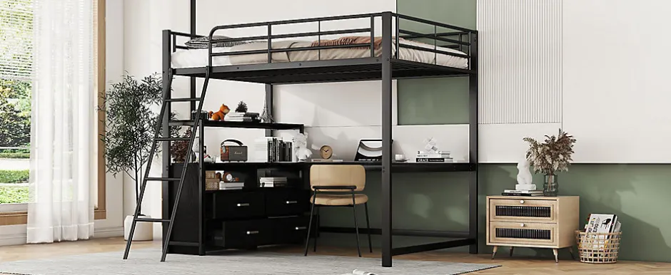 Enfant Fortuna lai Lit Haut 140x200cm, Métal, Bureau, Rangement, Échelle, Sans Matelas, Noir