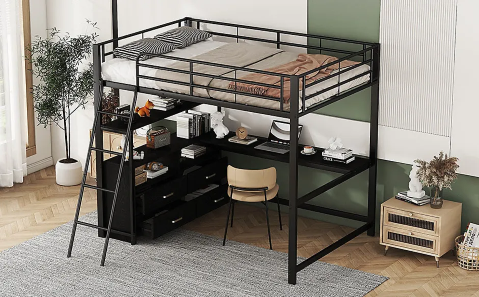Enfant Fortuna lai Lit Haut 140x200cm, Métal, Bureau, Rangement, Échelle, Sans Matelas, Noir
