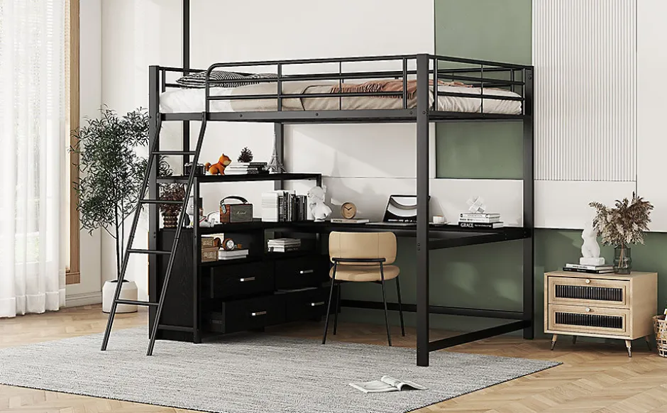 Enfant Fortuna lai Lit Haut 140x200cm, Métal, Bureau, Rangement, Échelle, Sans Matelas, Noir