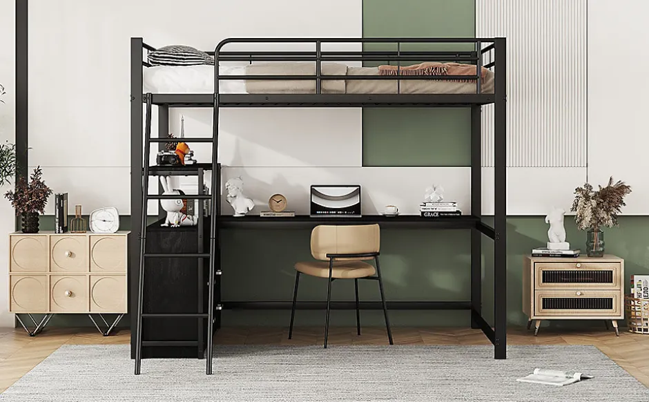 Enfant Fortuna lai Lit Haut 140x200cm, Métal, Bureau, Rangement, Échelle, Sans Matelas, Noir