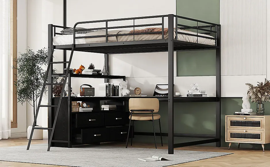 Enfant Fortuna lai Lit Haut 140x200cm, Métal, Bureau, Rangement, Échelle, Sans Matelas, Noir