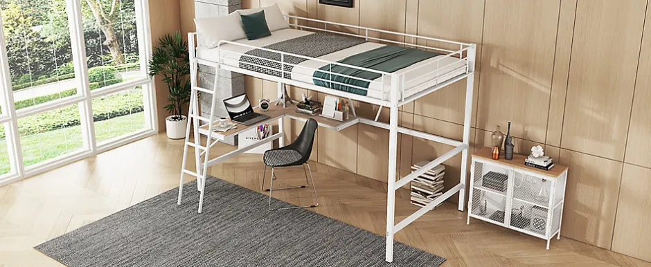 Enfant Fortuna lai Lit Haut 90x200cm, Métal, Bureau L, Rangement, Sans Matelas, Blanc