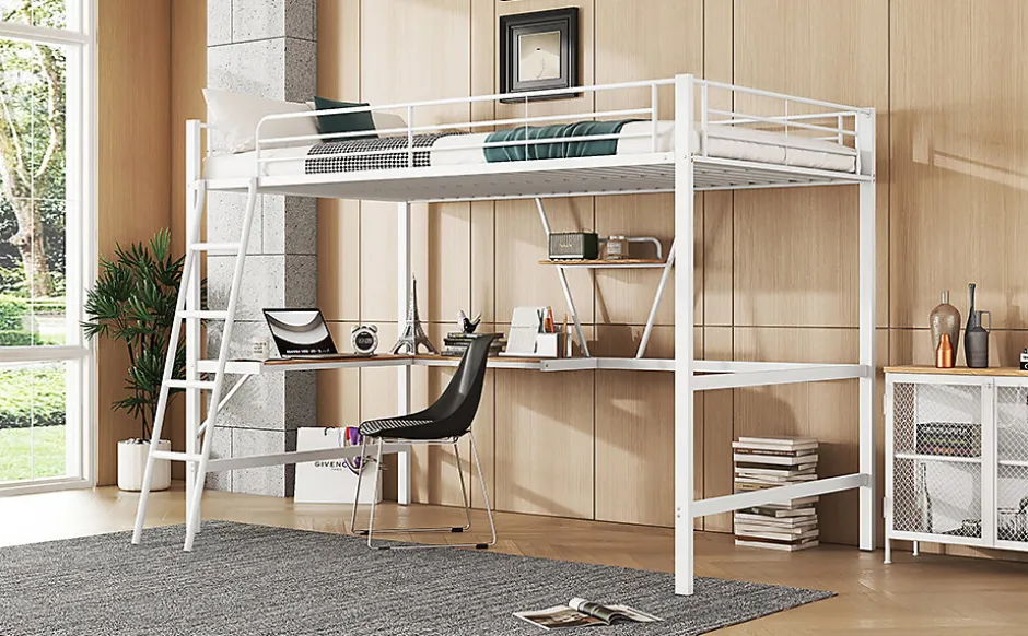 Enfant Fortuna lai Lit Haut 90x200cm, Métal, Bureau L, Rangement, Sans Matelas, Blanc