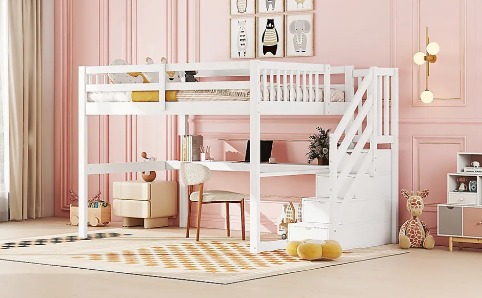Fortuna lai Lit Haut 140x200cm, Rangement, Bureau, Échelle, Sans Matelas, Blanc