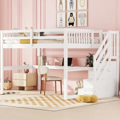 Fortuna lai Lit Haut 140x200cm, Rangement, Bureau, Échelle, Sans Matelas, Blanc