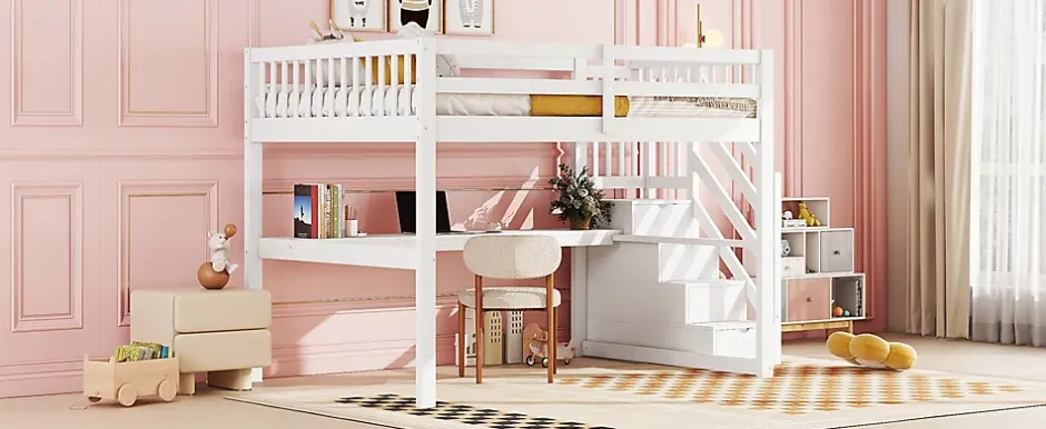Fortuna lai Lit Haut 140x200cm, Rangement, Bureau, Échelle, Sans Matelas, Blanc