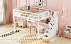 Fortuna lai Lit Haut 140x200cm, Rangement, Bureau, Échelle, Sans Matelas, Blanc