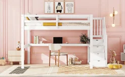 Fortuna lai Lit Haut 140x200cm, Rangement, Bureau, Échelle, Sans Matelas, Blanc