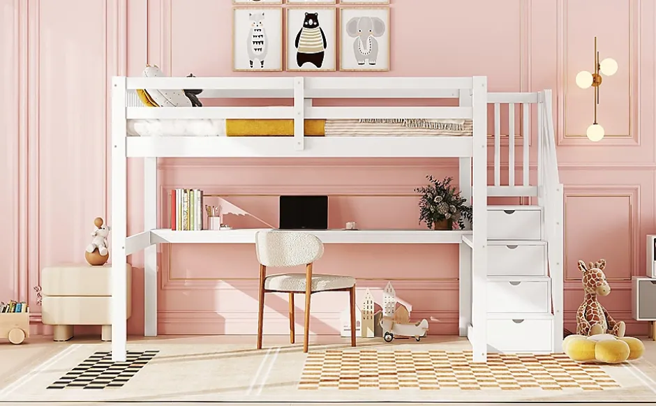 Fortuna lai Lit Haut 140x200cm, Rangement, Bureau, Échelle, Sans Matelas, Blanc