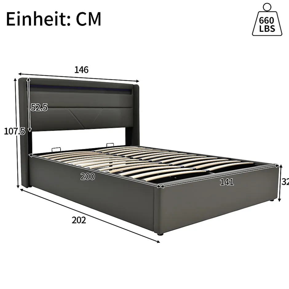 Blackcolors Lit Hydraulique 140X200Cm Led Sommier Gris