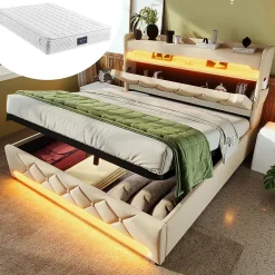 Gutent Lit hydraulique 140x200cm, lit double, espace de rangement en tête de lit avec port usb et type c, lin, beige, avec matelas