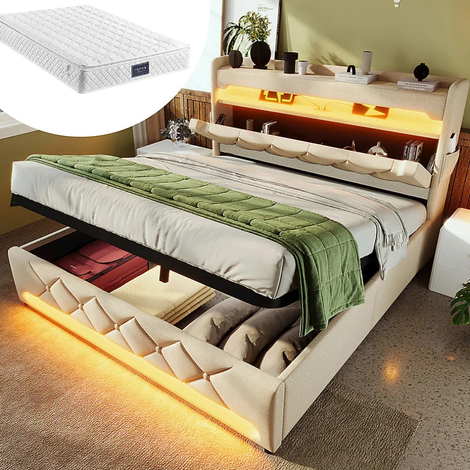 Gutent Lit hydraulique 140x200cm, lit double, espace de rangement en tête de lit avec port usb et type c, lin, beige, avec matelas