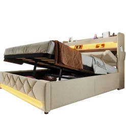 Gutent Lit hydraulique 140x200cm, lit double, espace de rangement en tête de lit avec port usb et type c, lin, beige, avec matelas