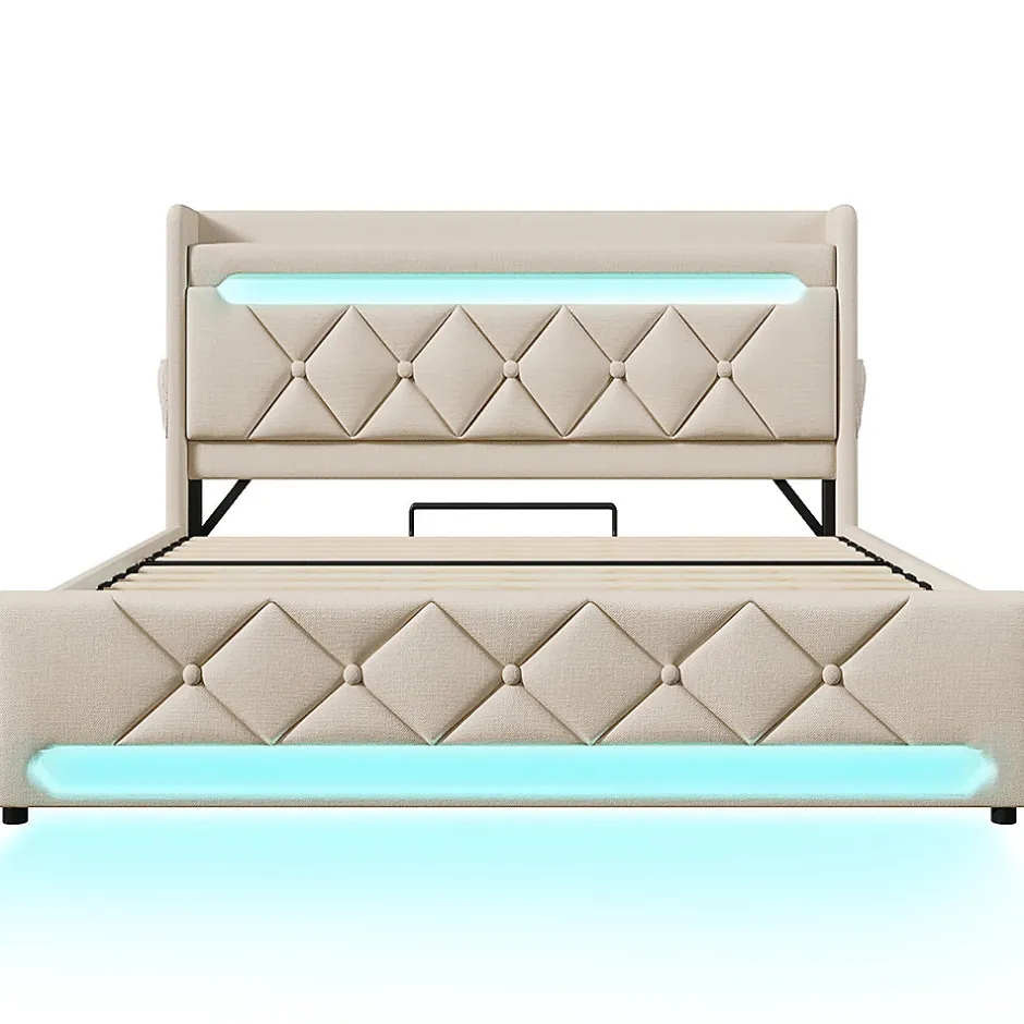 Gutent Lit hydraulique 140x200cm, lit double, espace de rangement en tête de lit avec port usb et type c, lin, beige, avec matelas