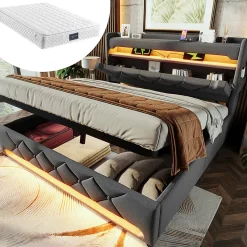 Gutent Lit hydraulique 140x200cm, lit double, espace de rangement en tête de lit avec port usb et type c, lin, gris, avec matelas