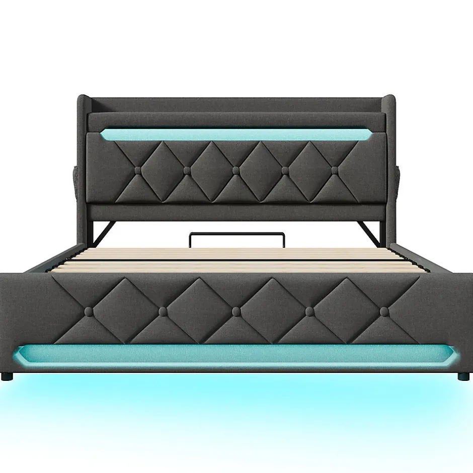 Gutent Lit hydraulique 140x200cm, lit double, espace de rangement en tête de lit avec port usb et type c, lin, gris, avec matelas