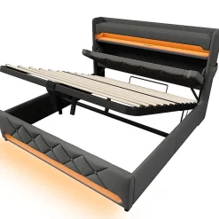 Gutent Lit hydraulique 140x200cm, lit double, espace de rangement en tête de lit avec port usb et type c, lin, gris, avec matelas