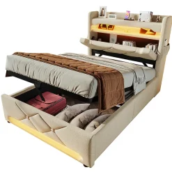 Gutent Lit hydraulique 90x200cm, Single, espace de rangement en tête de lit avec port usb et type c, lin, beige, avec matelas