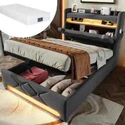 Gutent Lit hydraulique 90x200cm, Single, espace de rangement, tête de lit avec port usb et type c, lin,gris,avec matelas
