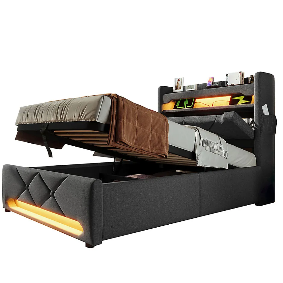 Gutent Lit hydraulique 90x200cm, Single, espace de rangement, tête de lit avec port usb et type c, lin,gris,avec matelas