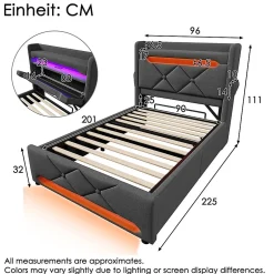 Gutent Lit hydraulique 90x200cm, Single, espace de rangement, tête de lit avec port usb et type c, lin,gris,avec matelas