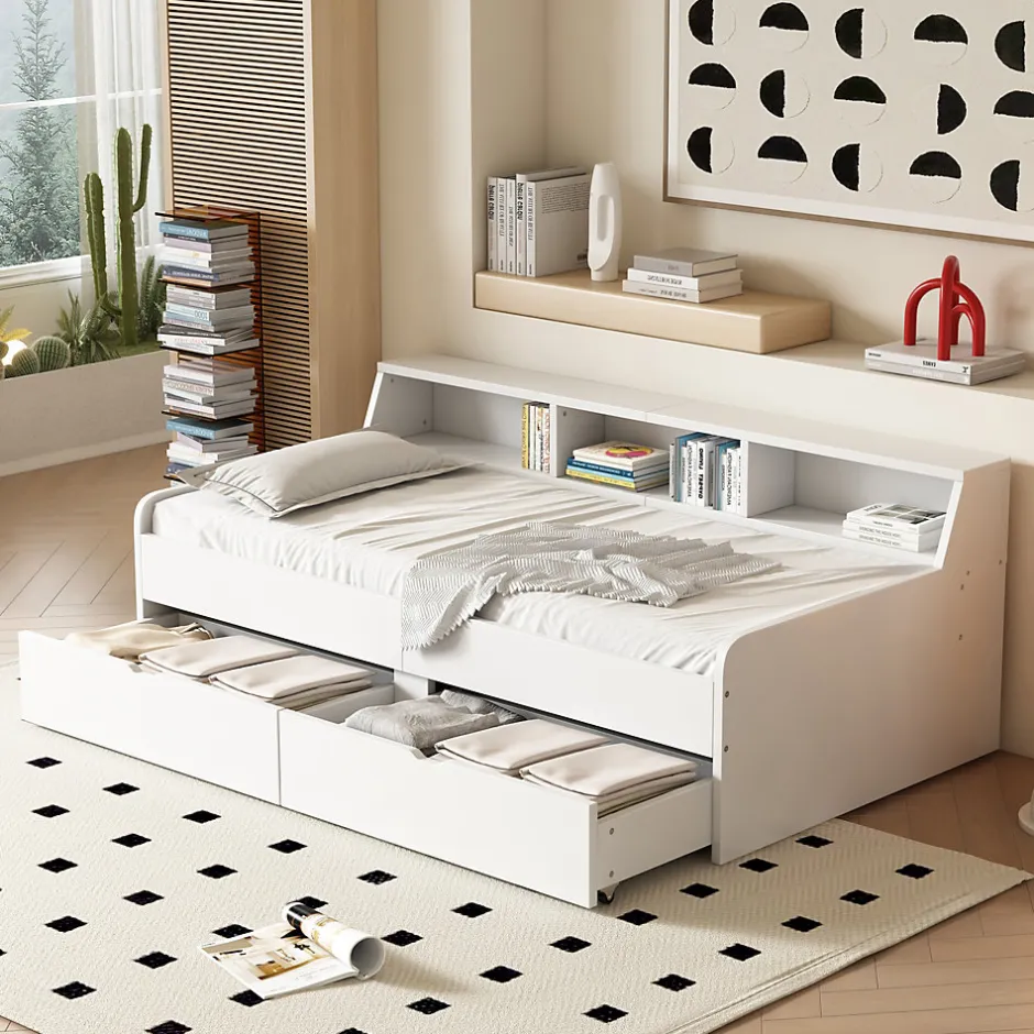 Enfant Fortuna lai Lit individuel 90x200cm, avec tiroirs, Blanc