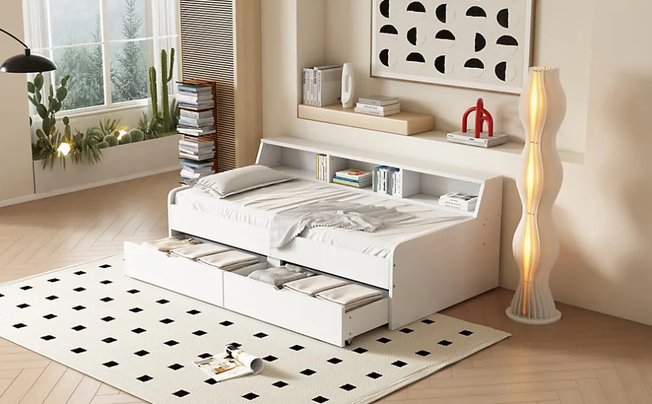 Enfant Fortuna lai Lit individuel 90x200cm, avec tiroirs, Blanc