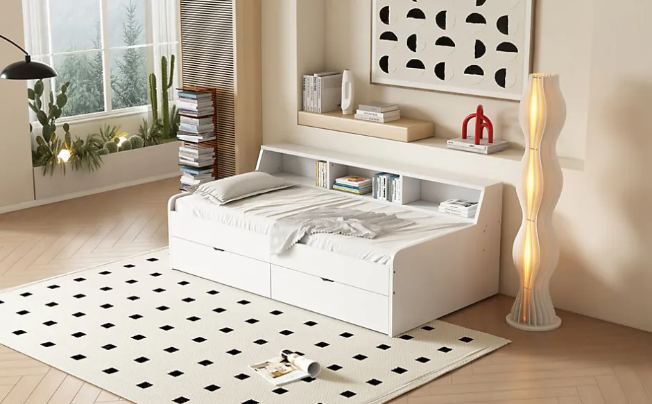 Enfant Fortuna lai Lit individuel 90x200cm, avec tiroirs, Blanc