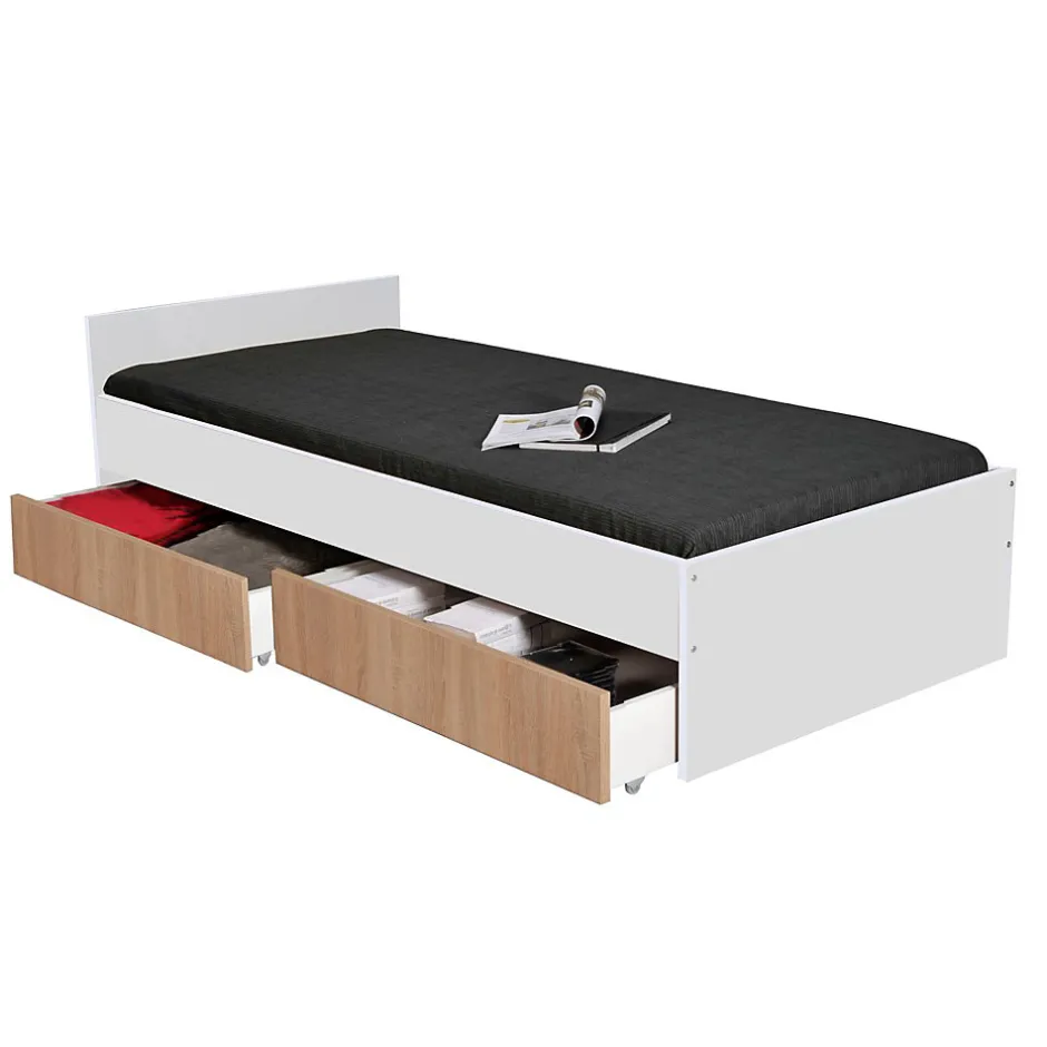 Weber Industries Lit KAPPA 90x190 + 2 tiroirs / Décor Chêne Blanchi et Blanc