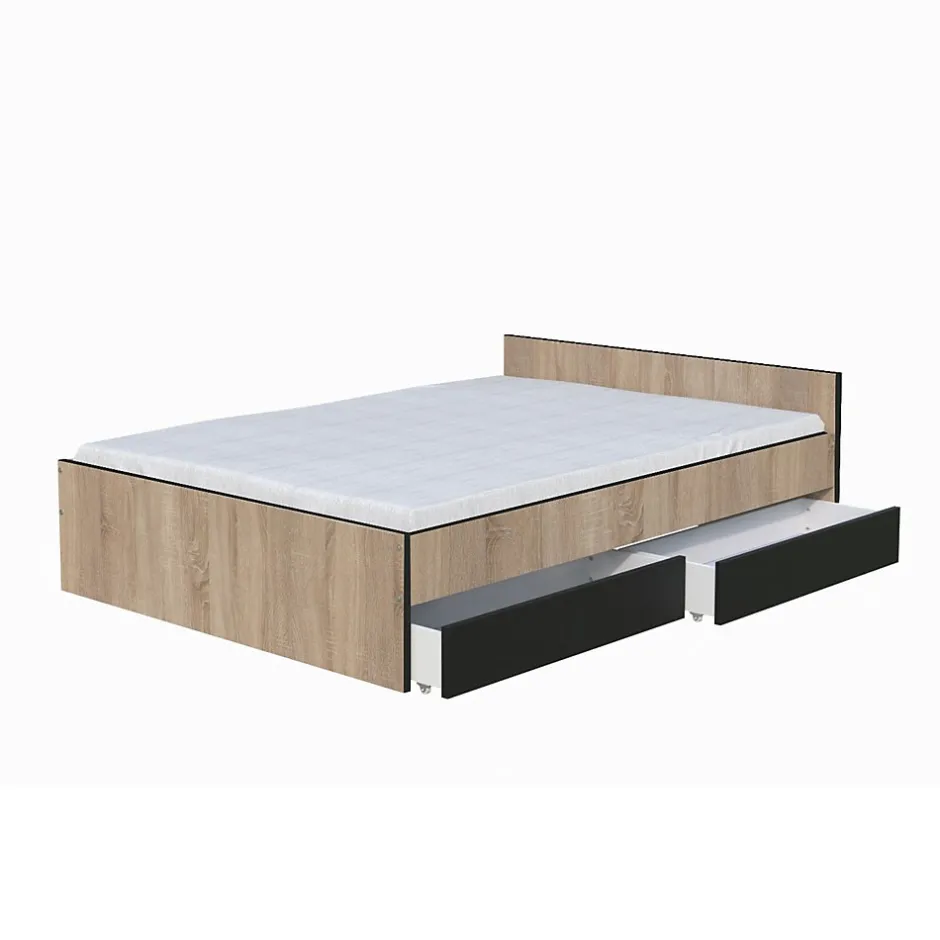 Weber Industries Lit KAPPA 140x190 cm + 2 tiroirs / Décor chêne Blanchi et Noir
