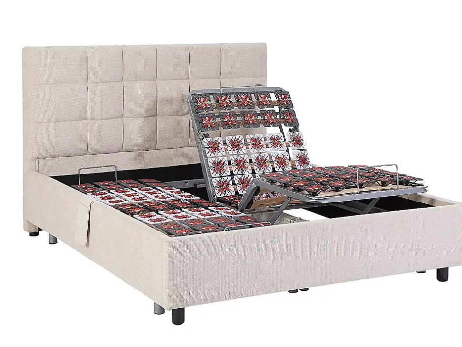 Vente-unique Lit électrique de relaxation déco tout plots + matelas ressorts ensachés et mémoire de forme - 2 x 70 x 190 cm - Tissu - Beige -