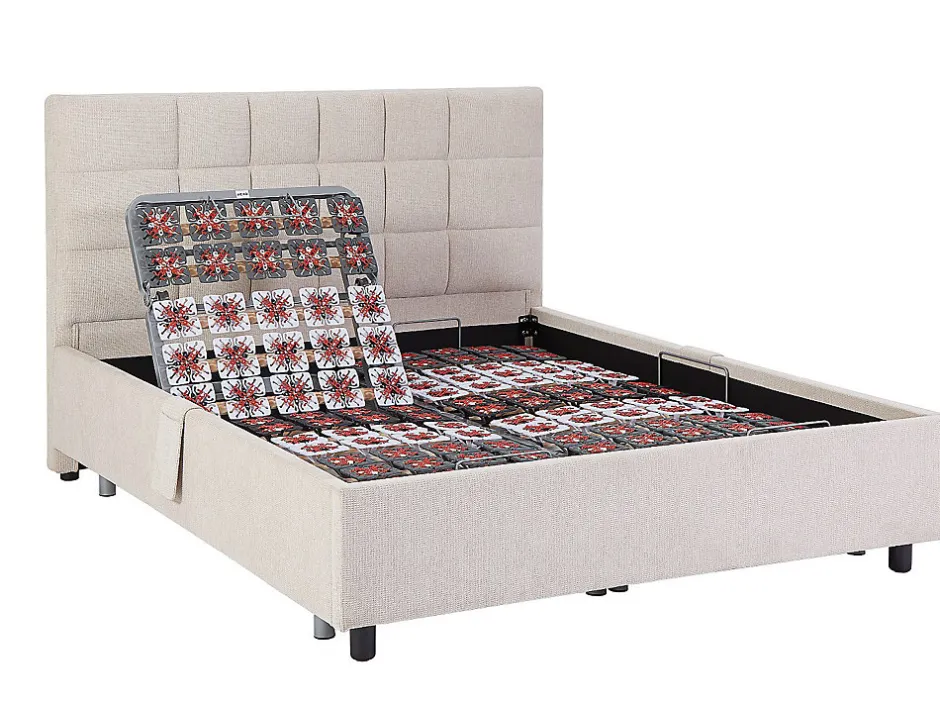 Vente-unique Lit électrique de relaxation déco tout plots + matelas ressorts ensachés et mémoire de forme - 2 x 70 x 190 cm - Tissu - Beige -