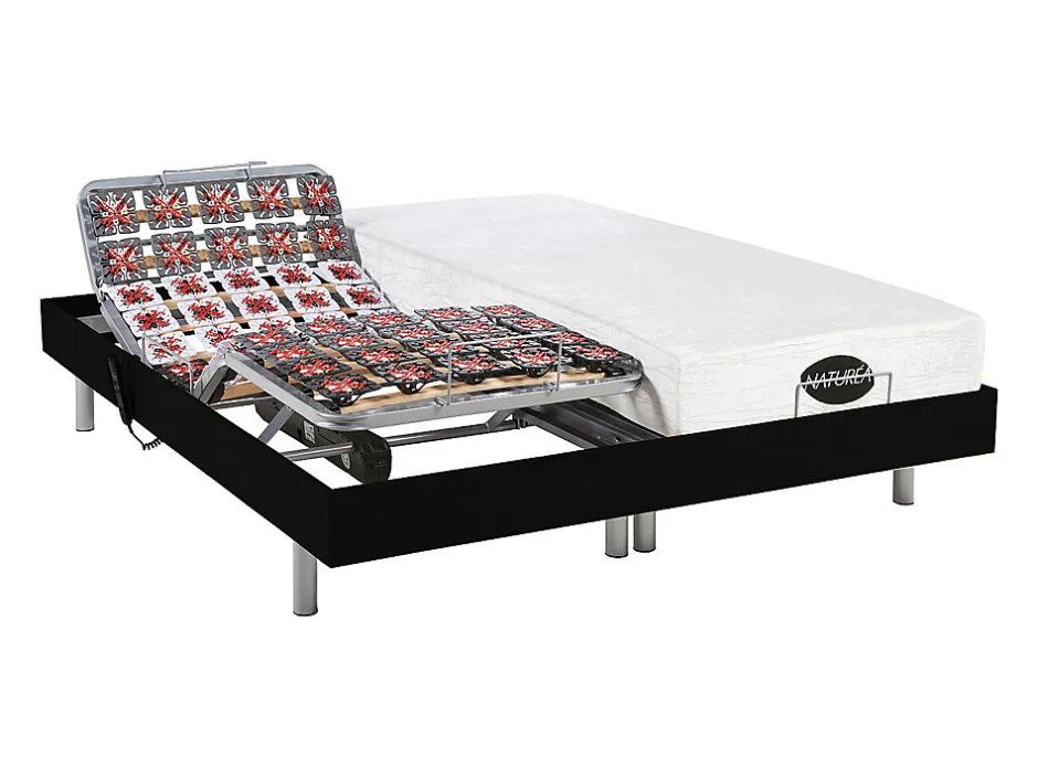 Vente-unique Lit électrique de relaxation tout plots + matelas mémoire de forme et bambou - 2 x 90 x 200 cm - Noir - LYSIS III de NATUREA