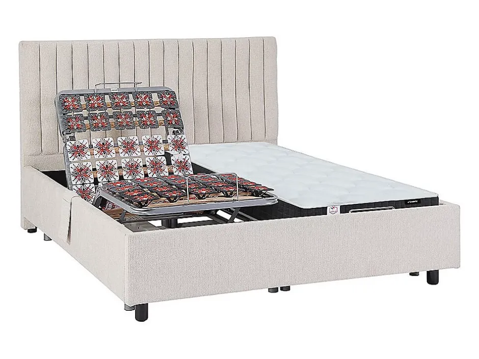 Vente-unique Lit électrique de relaxation déco tout plots + matelas ressorts ensachés et mémoire de forme - 2 x 80 x 200 cm - Tissu - Beige - Discount