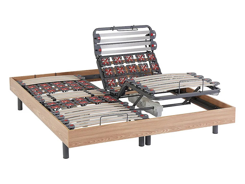 Vente-unique Lit électrique de relaxation lattes et plots + matelas accueil latex - 2 x 80 x 200 cm - Chêne - PANDORA II de YSMÉE Discount