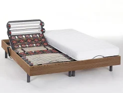 Vente-unique Lit électrique de relaxation lattes et plots + matelas accueil latex - 2 x 80 x 200 cm - Chêne - PANDORA II de YSMÉE Discount