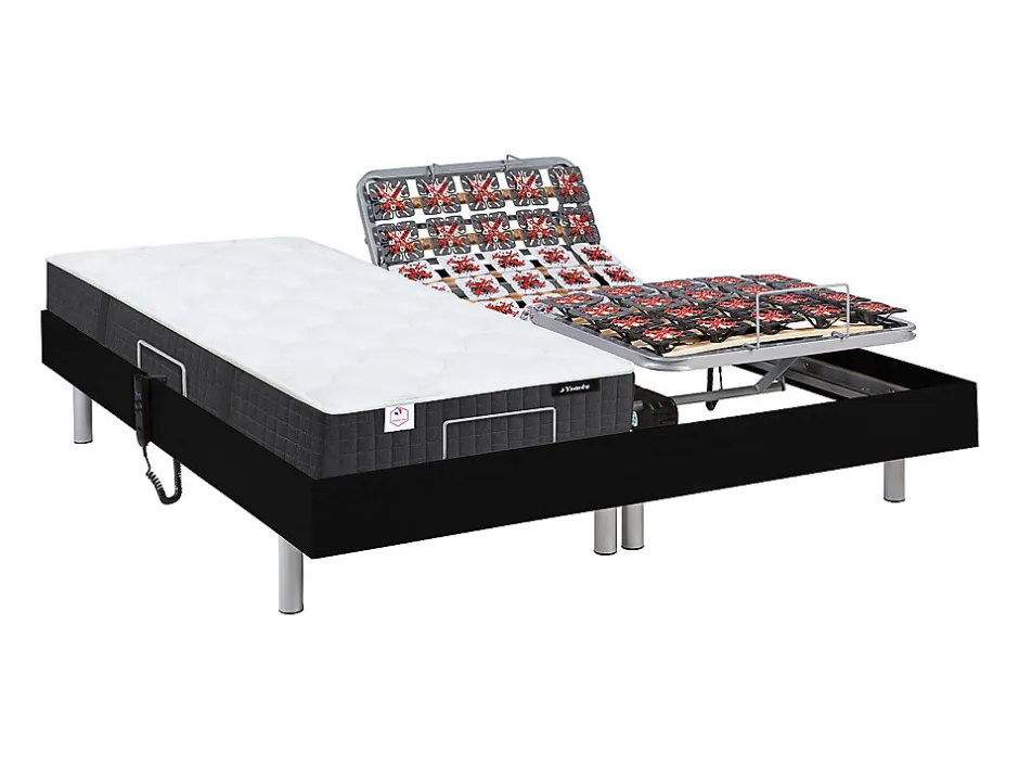 Vente-unique Lit électrique de relaxation tout plots + matelas ressorts ensachés et mémoire forme - 2 x 70 x 190 cm - Noir - PHANES de YSMÉE