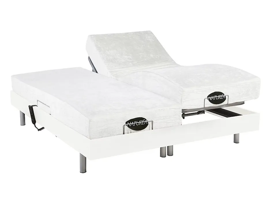 Vente-unique Lit électrique de relaxation tout plots + matelas mémoire de forme et bambou - 2 x 80 x 200 cm - Blanc - LYSIS III de NATUREA Outlet