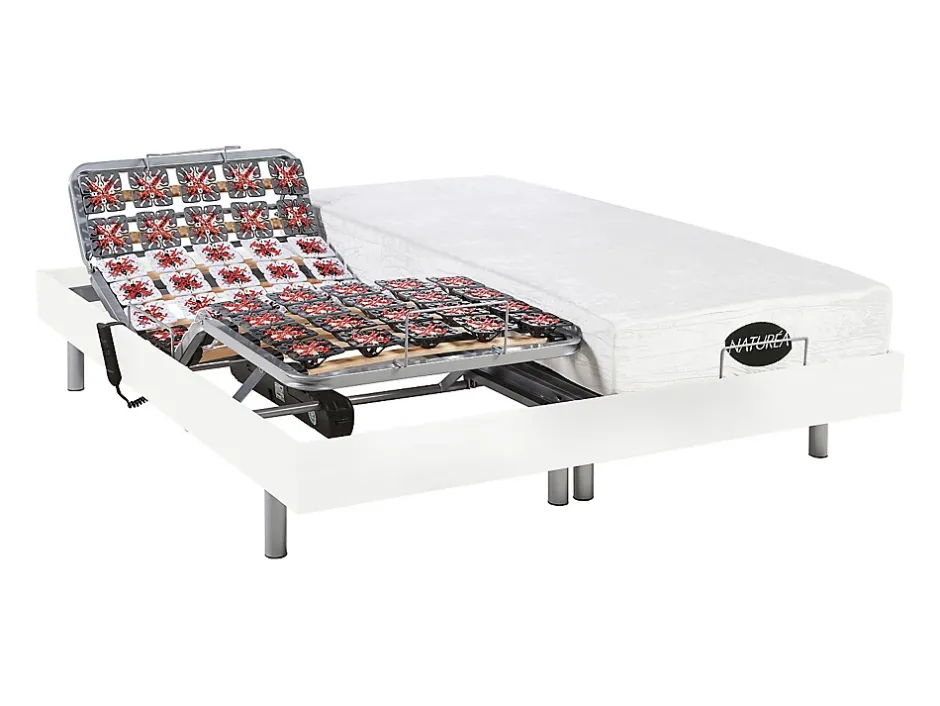 Vente-unique Lit électrique de relaxation tout plots + matelas mémoire de forme et bambou - 2 x 80 x 200 cm - Blanc - LYSIS III de NATUREA Outlet