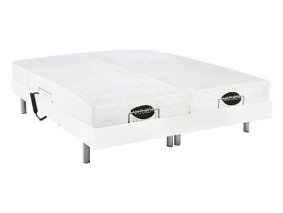 Vente-unique Lit électrique de relaxation tout plots + matelas mémoire de forme et bambou - 2 x 80 x 200 cm - Blanc - LYSIS III de NATUREA Outlet