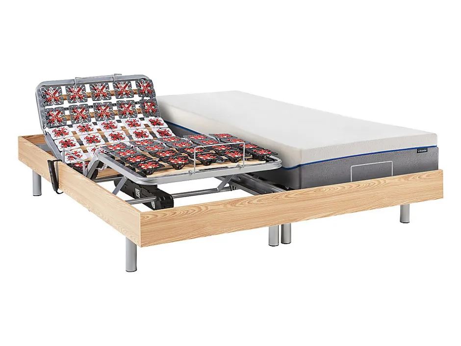 Vente-unique Lit électrique de relaxation tout plots + matelas mémoire de forme - 2 x 80 x 200 cm - Chêne - HESIODE III de YSMÉE Clearance