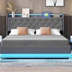 Redom Lit LED 160 par 200 cm avec port USB et rangement hydraulique tissu lin gris doux et respirant idéal pour adultes Clearance