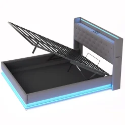 Redom Lit LED 160 par 200 cm avec port USB et rangement hydraulique tissu lin gris doux et respirant idéal pour adultes Clearance