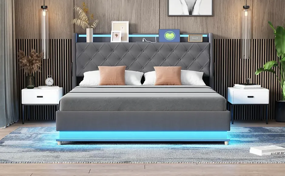 Redom Lit LED 160 par 200 cm avec port USB et rangement hydraulique tissu lin gris doux et respirant idéal pour adultes Clearance