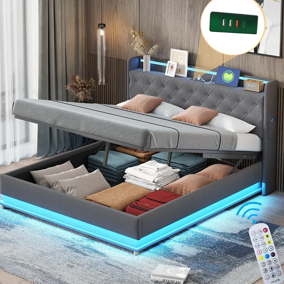 Redom Lit LED 160 par 200 cm avec port USB et rangement hydraulique tissu lin gris doux et respirant idéal pour adultes Clearance
