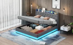 Redom Lit LED 160 par 200 cm avec port USB et rangement hydraulique tissu lin gris doux et respirant idéal pour adultes Clearance